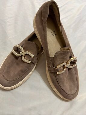 Taupe Suede Slip-On Loafers with Rhinestone Double Chain